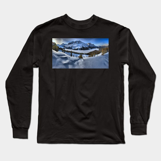 Peyto Lake Winter Panorama Long Sleeve T-Shirt by AdamJewell